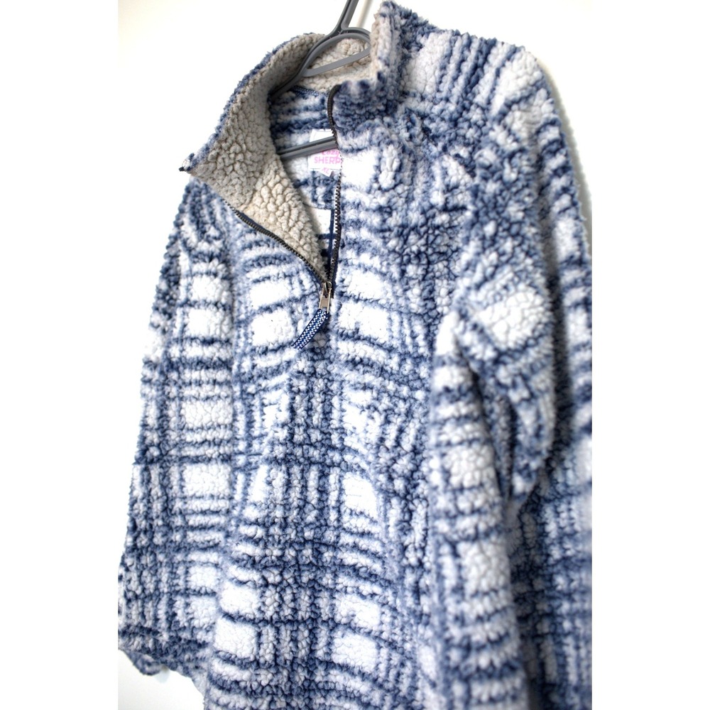 Cozy Sherpa Blue White Plaid Quarter Zip Fleece Pullover Sweater XL - Picture 2 of 5